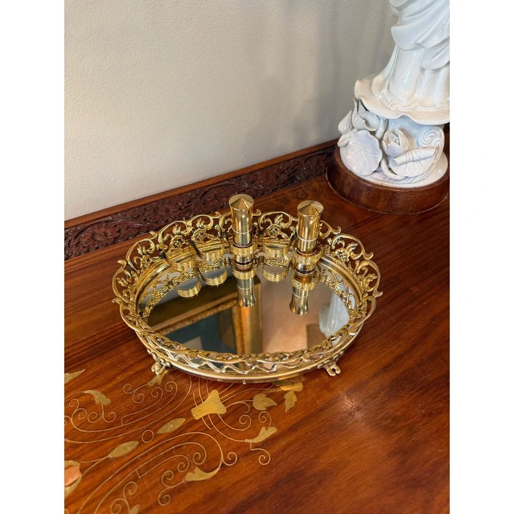 Vintage‎ Gold Ormolu Lipstick Holder - Mirrored Vanity Tray